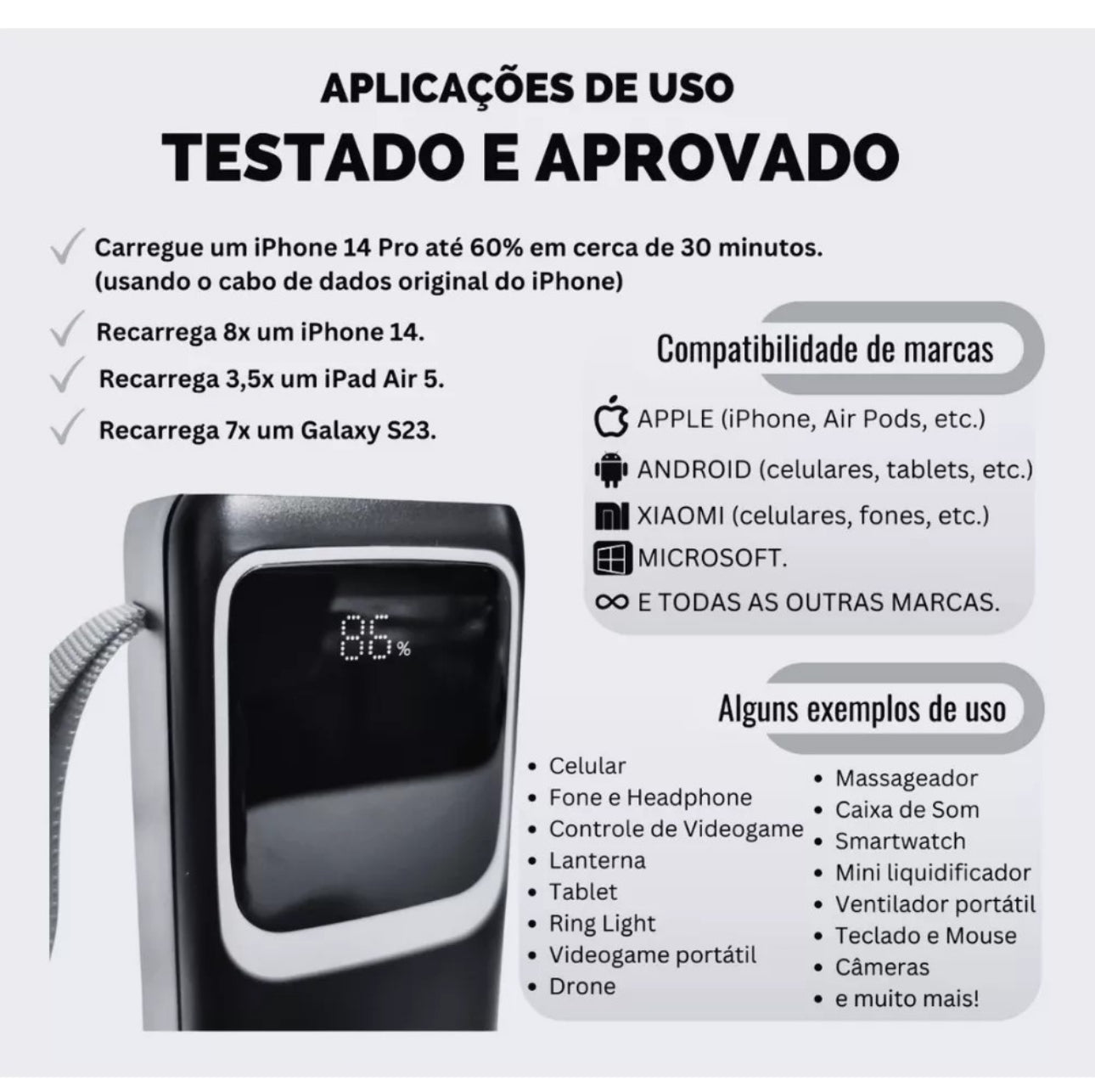 Carregador Portátil Power Bank 50.000mah Universal Externa Branco ou preto