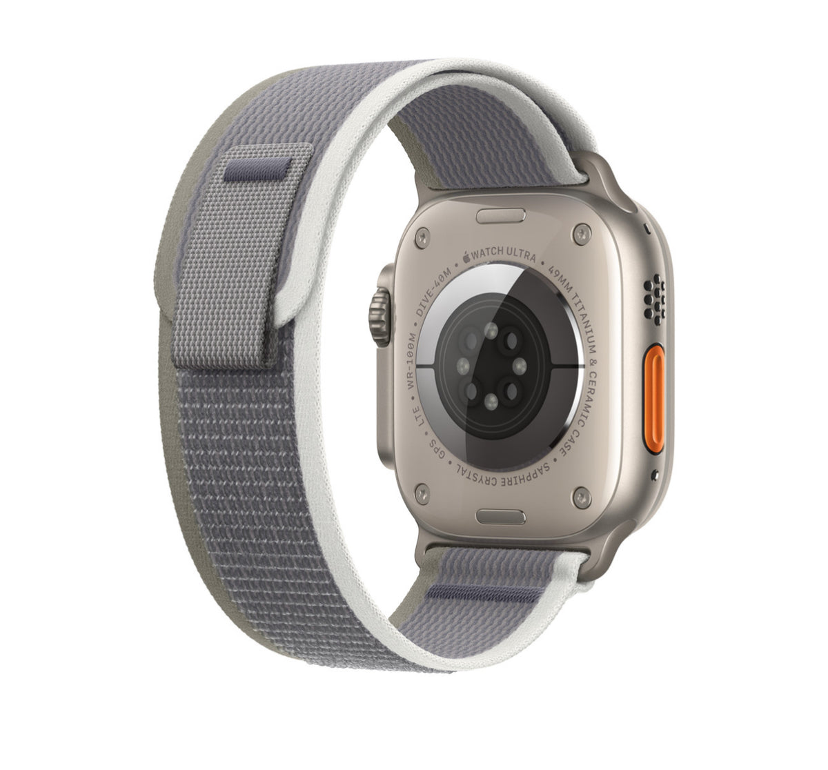 Pulseira loop Trail verde/cinza para caixa temos a pulseira de 38 mm ao 49 mm