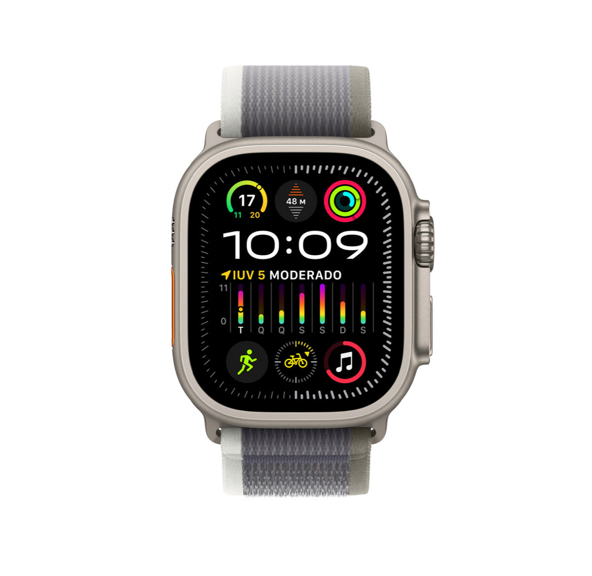 Pulseira loop Trail verde/cinza para caixa temos a pulseira de 38 mm ao 49 mm